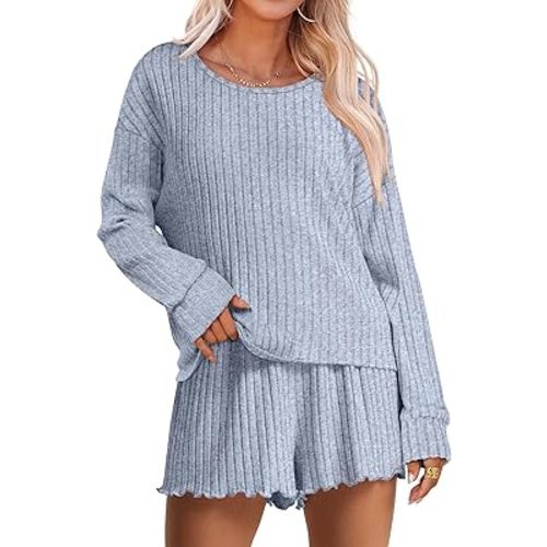 ANRABESS Women's 2 Piece Lounge Pajama Sets Casual Ribbed Long Sleeve Top Matching Shorts Sleepwear PJ Set 2025 Fall Outfits