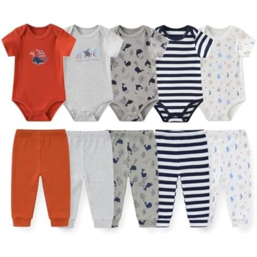 10 Pack Baby Bodysuits and Pants Set Cotton Infant Outfit