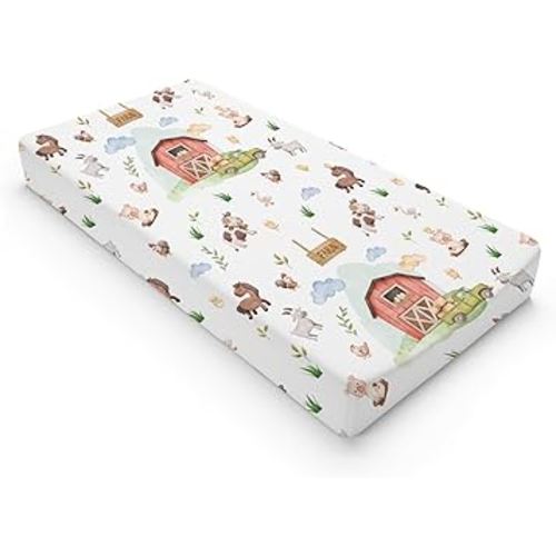 Baby Farm Life Changing Pad Cover for Boy Girl 32''x16'' Farm Animals Pig Goat Horse Cow Chick Rooster Duck Leaves Barn Truck Fitted Changing Pad Sheets Soft Breathable Diaper Change Table Mats