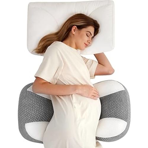 Momcozy Plus W Shaped Pregnancy Pillow for Sleeping, Adjustable Maternity Pillow for Side Sleepers, Portable Wedge Belly Support, Compact Design for Back Belly and HIPS, Grey and White