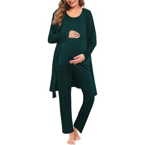 Emerald - SWOMOG Maternity Nursing Robe Set 3 PCS Women Postpartum Pajamas Breastfeeding Labor Delivery Hospital Pregnancy Pjs