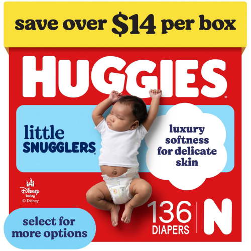 Huggies Little Snugglers Fragrance Free Baby Diapers, Size Newborn (up to 10 lbs), 136 Count (Select for More)