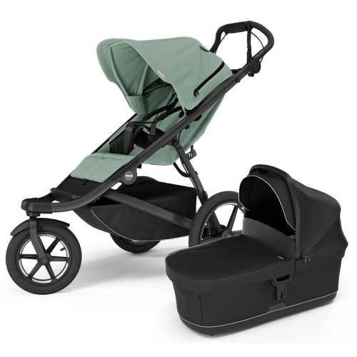 Thule Urban Glide 3 Single Jogging Stroller with NON-Magnetic Buckle + Bassinet Bundle - Mist Green / Black