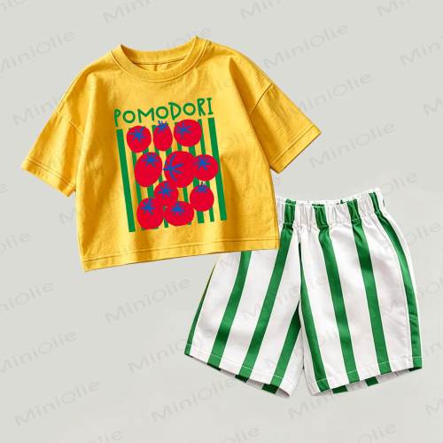 POMODORI Baby Yellow&Green Top and Striped Shorts 2-piece Set