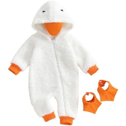 Toddler Baby Christmas Goose Costum Plush Jumpsuit Long Sleeve Hooded Zip Up Fleece Romper with Foot Covers 2Pcs