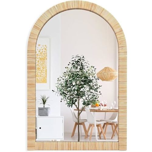 Decorative Rattan Wall Mirror, Boho Bathroom Modern Makeup Mirror, Rustic Wall Bohemia Mirrors for Bedroom, Living Room, Vanity Versatile Farmhouse, Nursery, Bathroom, 36"x24", Arched