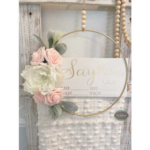 Hospital Door Hanger - Floral - Baby Girl - White, Baby Pink Flowers w Lambs Ear - Rustic / Door Hanger Birth Announcement / WoodBead Hanger