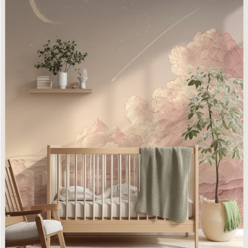 Blush Pink Cloud and Crescent Moon Mural, Starry Sky Wall Mural for Nursery or Bedroom, Soft Dreamscape Peel and Stick Wallpaper