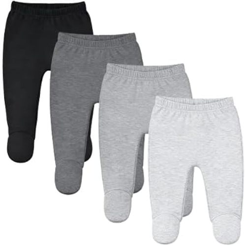 123 Bear Baby Soft Cotton Spandex Pants with Feet, Gray- 4-pack, 3-6 Months