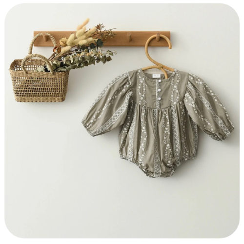 Olive Gray Cotton Lace Newborn Romper