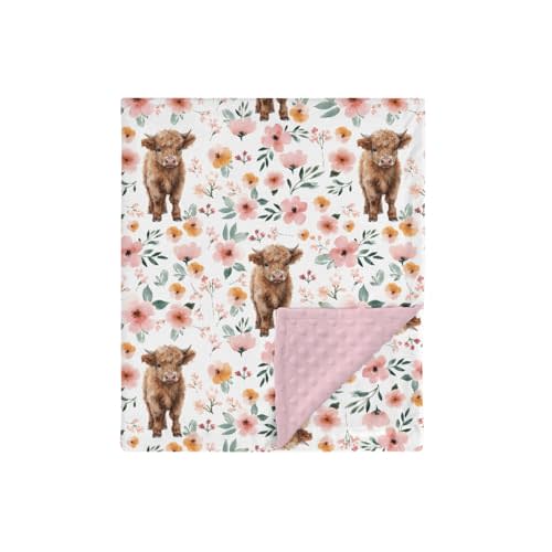 HawSkgFub Highland Cow Pink Floral Mink Baby Blankets with Dotted Backing Girls Shower Gift, Western Cowgirl Flower Double Layer Nursery Swaddle, Soft Newborn Infant Toddler Bed Crib Bedding 30 x 40