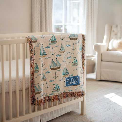 Personalized Sailboat Baby Blanket, Custom Name Sailboat & Anchor Throw, Ocean Themed Blue Boat Blanket, Coastal Nursery Gift for Boys