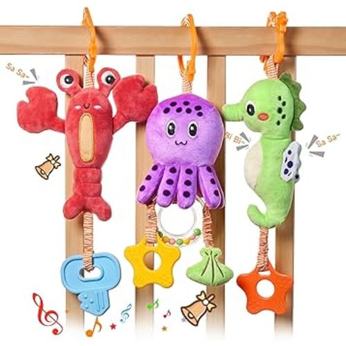 TUMAMA Baby Toys 0 3 6 12 Months, Hanging Stroller Toys Soft Marine Animal Crib Car Seat Toys, Crinkle Infant Rattles with Teether Squeaky Sensory Developmental Toy for Newborn