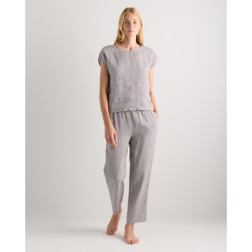 100% European Linen Pajama Set in Taupe Brown Gingham