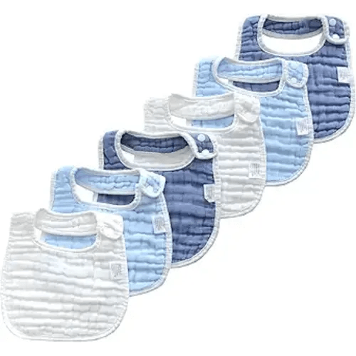 MUKIN Baby Muslin Bibs and Burp Cloths, 6 Pack, Soft Absorbent Cotton, Adjustable