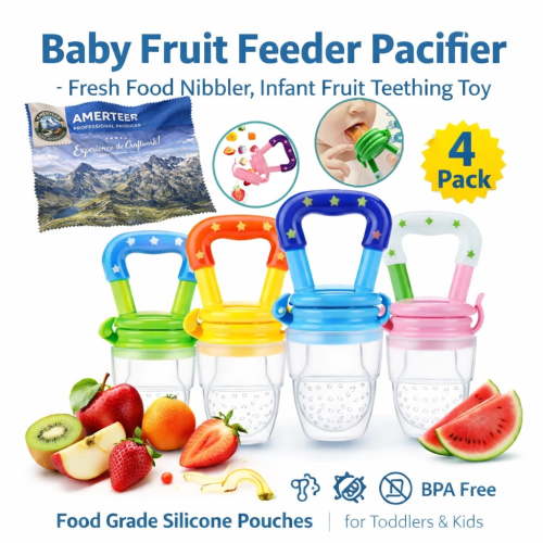 Lnkoo Baby Fruit Feeder Pacifier, 4 Pack, Food Grade Silicone, Teether Mesh for Infant Feeding