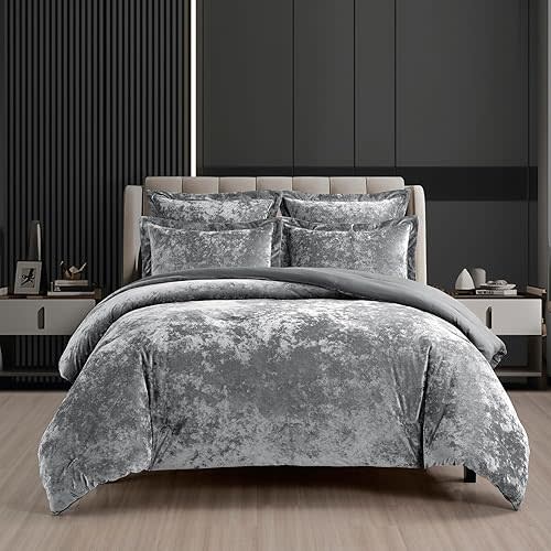 Fredsure Distressed Velvet Comforter Set, 5 Pieces Dark Grey King, Distressed Velvet Face and Brushed Microfiber Reverse