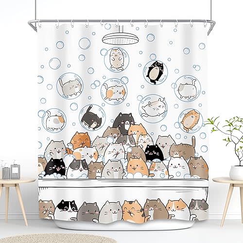 SVBright Cute Cats Shower Curtain 60Wx72L Inch Hilarious Lovely Pets Cartoon Animal Fun Raining Kids Children Boys Girls Toddler 12 Pack Hooks Polyester Waterproof Fabric Bathroom Bathtub Panels