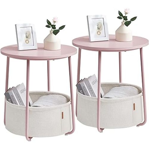 VASAGLE Nightstands, Set of 2 Bedside Tables with Fabric Basket, Small Round Side Tables, End Tables, for Bedroom, Jelly Pink and Cream White ULCT668R01