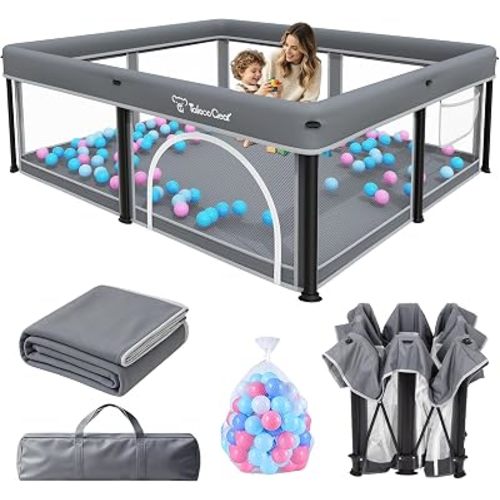 TOREVSIOR Foldable Baby Playpen with Mat, 50"×71" F oldable P laypen for Babies and Toddlers, Indoor & Outdoor Kids Safety Play Pen, Portable Play Yard, Foldable Baby Playpen with 50 Ocean Balls