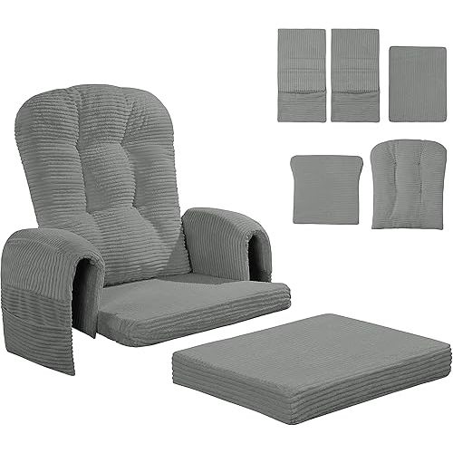MABOZOO 5 PCS Corduroy Glider Rocker Replacement Cushions with Storage Side Pocket,Foam & Microfiber Filling, Non-Slip & Washable,Thickened & Supportive Rocking Chair Cushion Set(Gray)