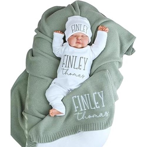 Baby outfit set with cotton knit blanket,Custom Baby Coming Home Outfit with Matching Hat,Embroidered Name Newborn Gift