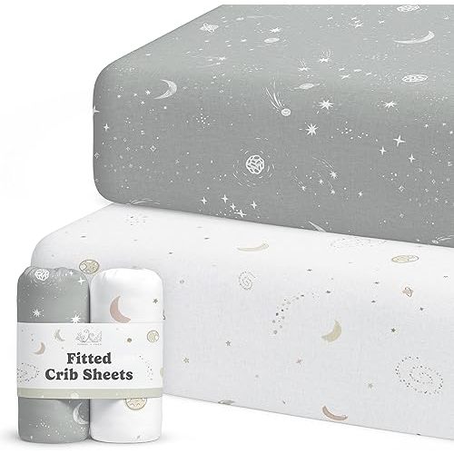Crib Sheets Neutral - Fitted Baby Crib Sheets Bed for Girl Boy - 2 Pack Standard & Toddler Mattress (Galaxy, Moon, and Stars) - Buttery Soft Organic Cotton Blend