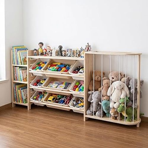 Kid's Toy Storage Organizer with Bookcase & Plush Stuffed Animal Zoo, Multi-Bin Toy Storage Shelf for Toddlers, 4-in-1 Wooden Display Rack for Playroom, Bedroom & Nursery - Natural Wood Color