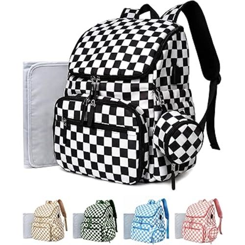 Checkered Diaper Bag Backpack with Changing Pad & Stroller Clips, Large Travel Baby Diaper Bag for Newborn Moms, Baby Shower Gifts (Obsidian Black)