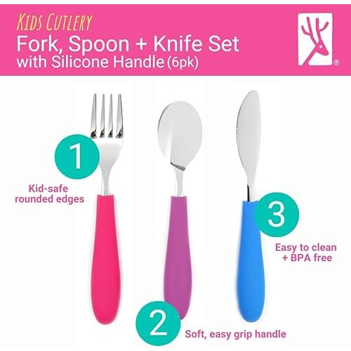 Elk and Friends Kids Silverware with Silicone Handle | Childrens Safe Flatware | Kids Utensils | Spoon + Fork + Knife set | 4 years+ | 6 Pieces