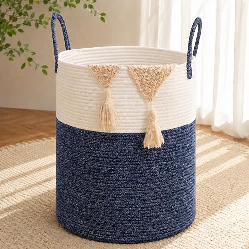 Large Laundry Hamper Basket, 60L Cotton Rope Woven Storage Bin for Blankets, Dirty Clothes Toys, Decorative Tall Basket for Living Room, Bedroom, Bathroom, Nursery, Blue & White