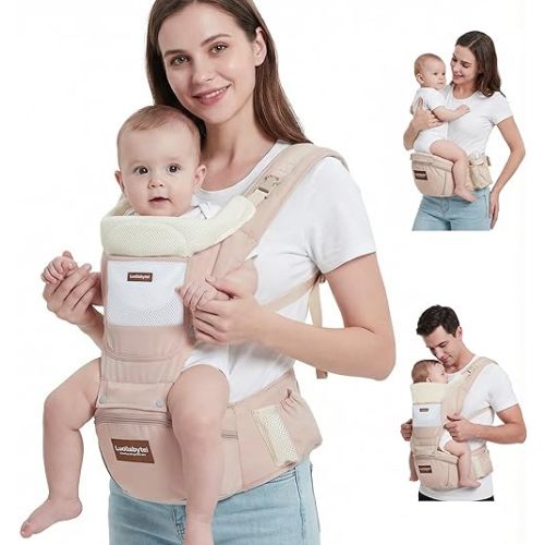 Baby Carrier with Hip Seat, 6-in-1 Baby Carrier Newborn to Toddler, Adjustable Detachable Infant Toddler Carrier, Hands-Free Baby Holder, All Seasons, Perfect for Shopping Travelling (Khaki)