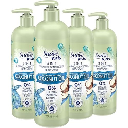 Suave Kids Natural Coconut Oil 3-in-1 Tear Free, Body Wash, Shampoo and Conditioners, No Sulfates, No Parabens, No Silicones, No Dyes, 16.5 Oz Pack of 4