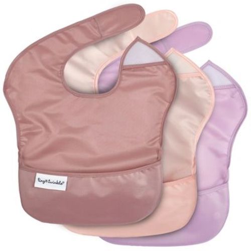 Tiny Twinkle Mess-Proof and Waterproof Baby Food Bib for Boys or Girls, Machine Washable and BPA-Free w/Adjustable Closure (3-Pack, Taupe, Rose)