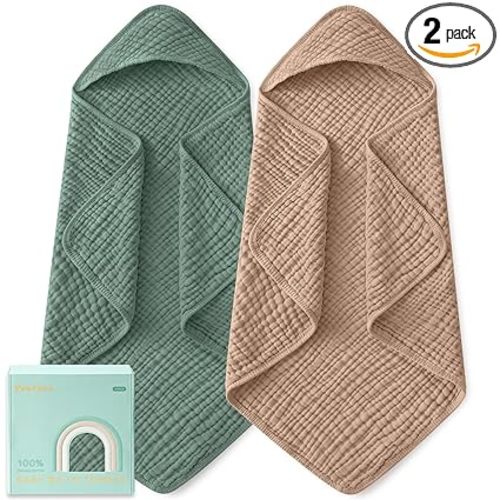 Yoofoss Hooded Baby Towels for Newborn 2 Pack 100% Muslin Organic Cotton Baby Bath Towel with Hood for Babies, Infant, Toddler and Kids, Large 32x32Inch, Soft and Absorbent Newborn Essential