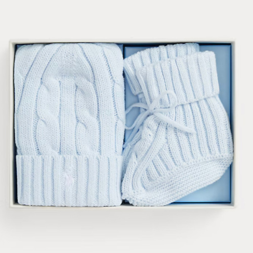 Ralph Lauren Cable-Knit Cotton Beanie & Bootie Set in Pearl Blue