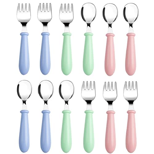 Pimoys Toddler Utensils Set, 12-Piece Forks and Spoons, Stainless Steel | 304 stainless steel, rounded handles, self-feeding friendly, pink blue green, 6 forks & 6 spoons