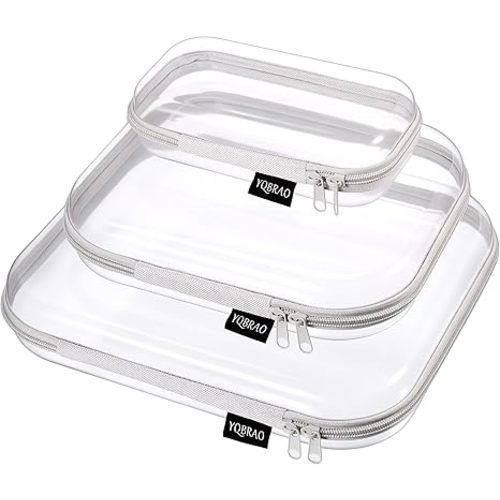 YQBRAO 3-Pack Clear Hard Shell Zipper Case Gray, 1.2mm Heavy-Duty Crush-Proof Travel Makeup Bag, Multi-Size (L+M+S) Diaper Bag Organizer Pouches, Rigid Clear Zipper Pouches for Tech, Toys & Home