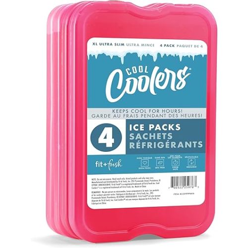 Cool Coolers by Fit & Fresh 4 Pack XL Slim Ice Packs, Quick Freeze Space Saving Reusable Ice Packs for Lunch Boxes or Coolers, Pink