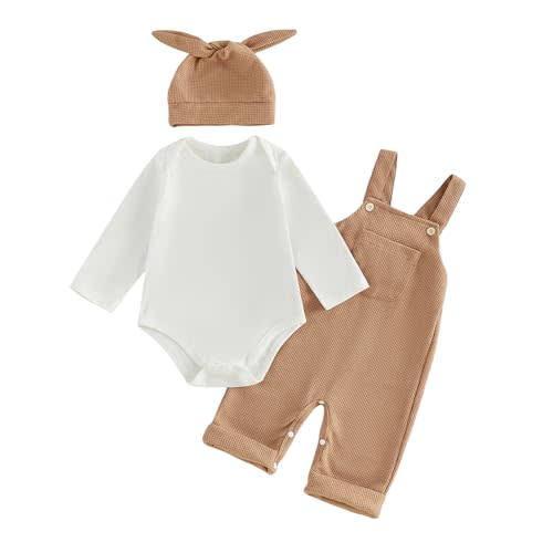 Newborn Baby Boy Clothes Infant Long Sleeve Romper Waffle Suspender Overalls Pants Hat Set Fall Winter Outfits