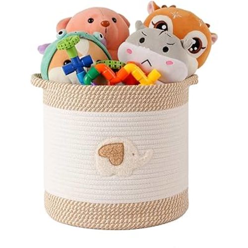 INough Toy Storage Baskets Woven Cotton Rope Storage Basket for Kids, Blanket Baskets for Living Room Toy Basket Box Toys Organizer with Embroidery Decor Cute Baskets for Nursery, Playroom (Elephant)