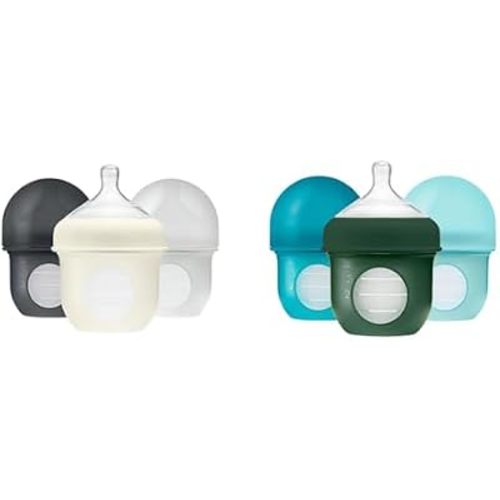 Boon Nursh Reusable Silicone Baby Bottles with Collapsible Pouch - Stage 1 Slow Flow - Gray & Blue - 4 Oz - 3 Count Each