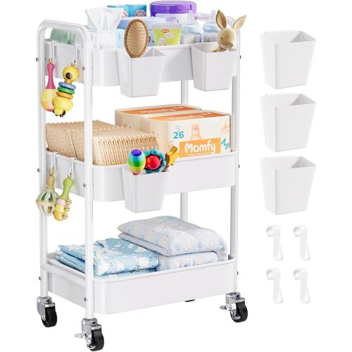 Diaper Cart Organizer with Wheels, 3 Tier Rolling Bedside Cart for Baby Essentials, Baby Organizers and Storage Diaper Caddy Carts for Changing Table, Crib, Bedroom, Newborn Nursery Supplies, White