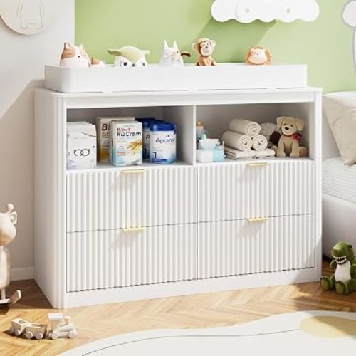 Nursery Dresser, 4 Large Drawers Wood Baby Changing Dresser with Raised and Detachable Changing Table Top, Fluted Chest with Gold Handles, Baby Storage Organizer for Kids Bedroom, Nursery Room, White