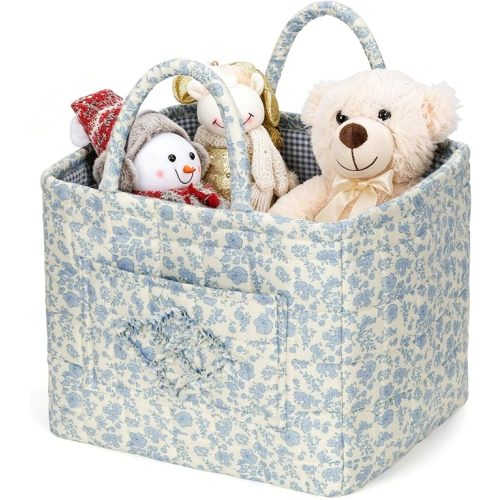 Storage Basket Boho Fabric Large Collapsible Floral Laundry Nursery Hamper Portable Folding Storage for Clothes Toys (Blue Floral B)