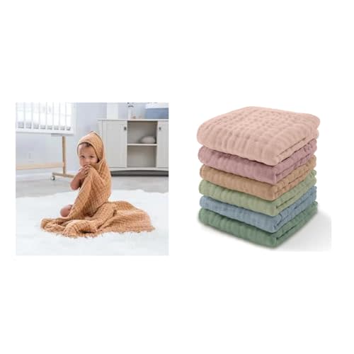 Comfy Cubs Baby Hooded 9 Layer Muslin Cotton Towel for Kids and Baby Washcloths Bundled
