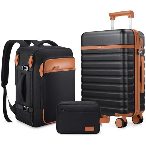 UKEIN Luggage Sets 3 Piece, Carry On Luggage 20In With Spinner Wheels,PC Hardside Suitcase Set with TSA Lock,Durable Carry On Suitcase With Travel Backpack for Men (Black, 3 piece set (20inch))