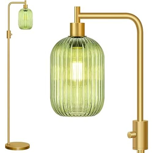 【Upgraded】 Dimmable Glass Floor Lamp for Living Room, Modern Gold Standing Lamp with Green Ribbed Glass Lampshade & Knob Dimmer, Arc Tall Lamp for Bedroom Office Reading Room, 2700K Led Bulb Included