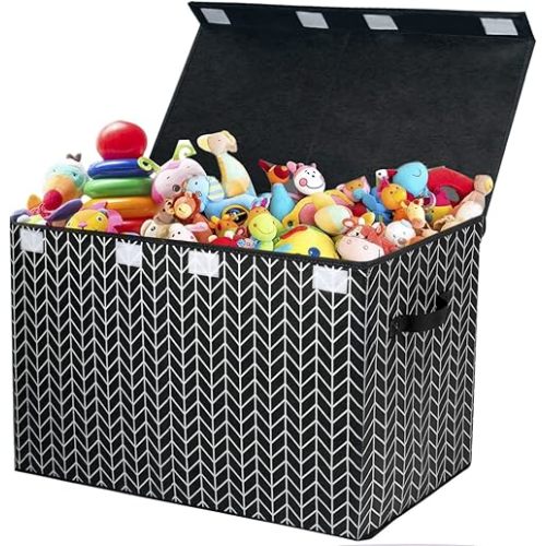 Large Toy Box Chest with Lid, Kids Toy Storage Organizer Bins Basket for Living Room, Nursery, Closet, Bedroom, Playroom 25"x13" x16" (Black)