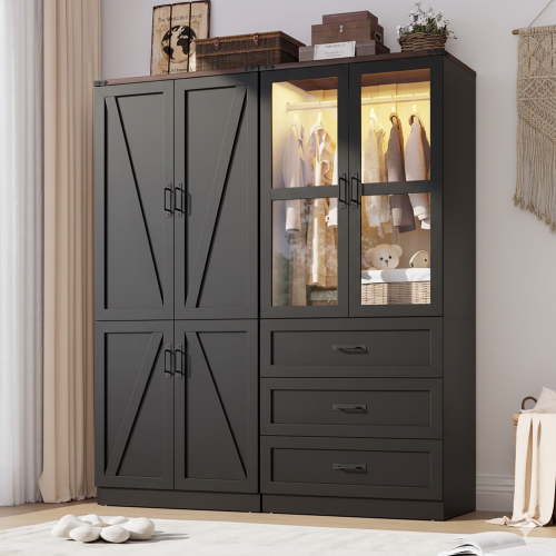 6 Door Armoire Wardrobe Closet for Bedroom with LED Lights & 3 Drawers, Farmhouse Closet Storage Cabinet Wardrobe Set with Hanging Rods